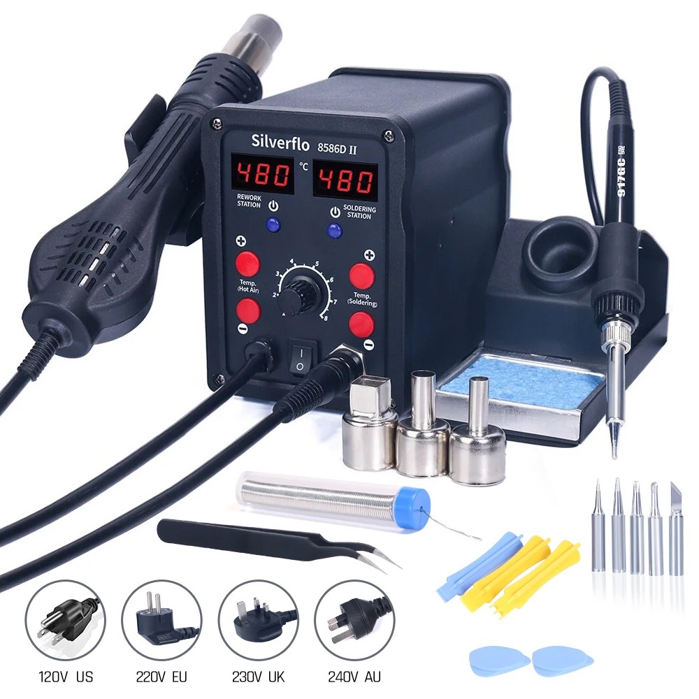 Silverflo 8586D Soldering Stat - đánh giá và giá Smd Rework Station Hot Air Soldering 2 In 1